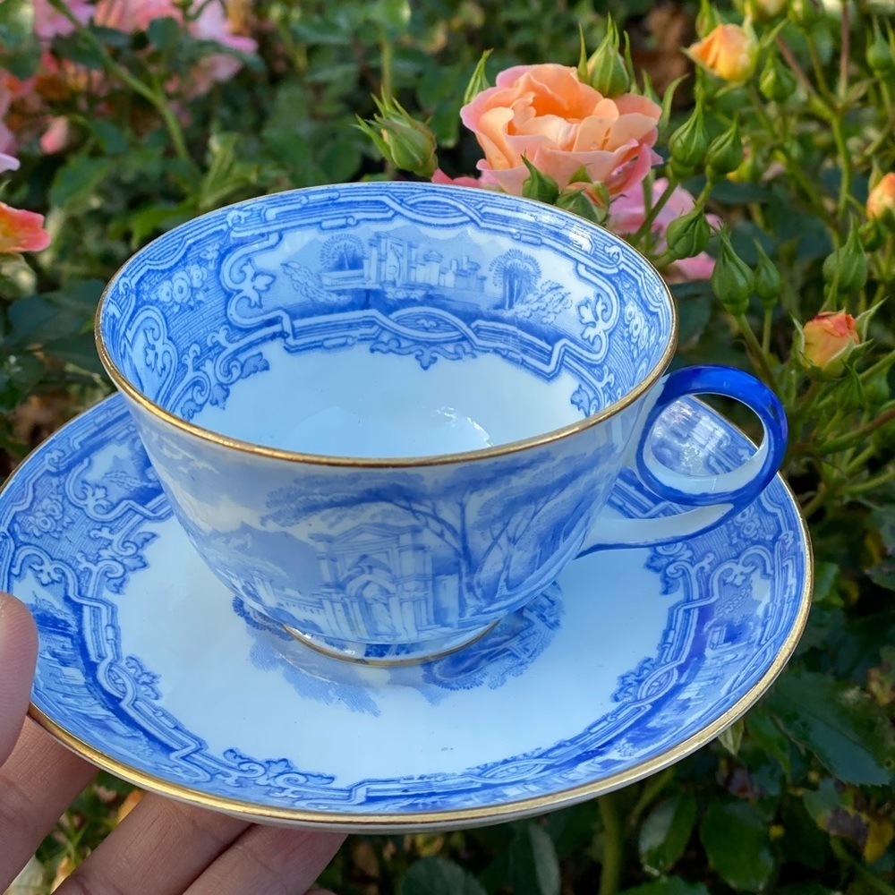 VERY RARE Atlas China Stoke on Trent blue and white tea cup and saucer